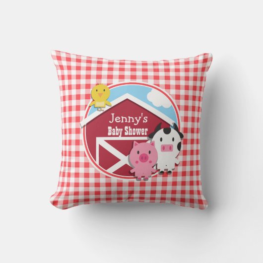 Coussin Baby shower d'animaux de ferme; En vichy rouge et (Recto)