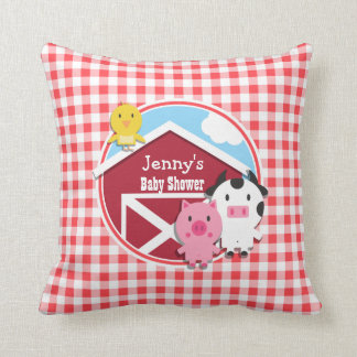 Coussin Baby shower d'animaux de ferme; En vichy rouge et