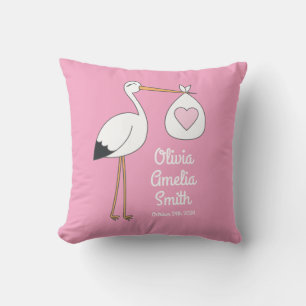 Coussin Baby shower de cigogne fille rose