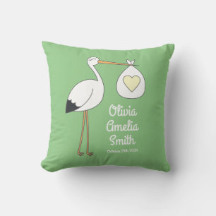 Coussin Baby shower de cigogne Printemps vert