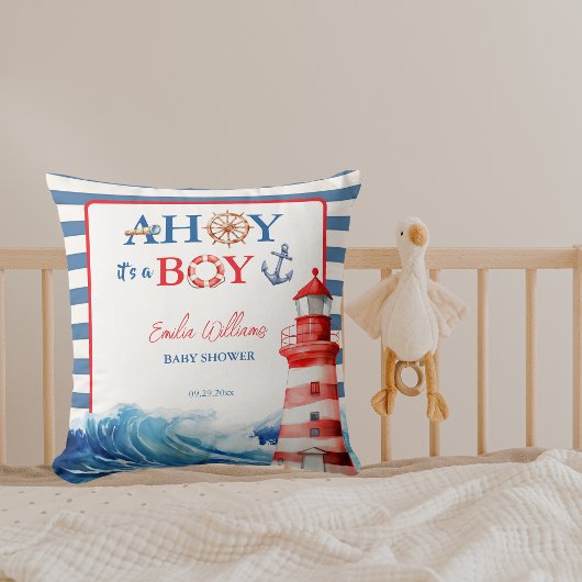 Coussin Baby shower du phare bleu rouge Ahoy Boy