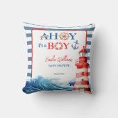 Coussin Baby shower du phare bleu rouge Ahoy Boy (Recto)