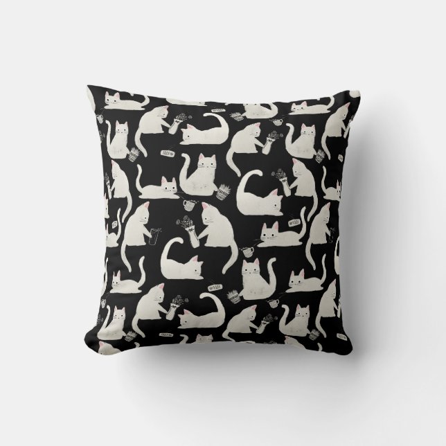 Coussin Bad Cats Knocking Stuff Over, White Cats on Black (Recto)