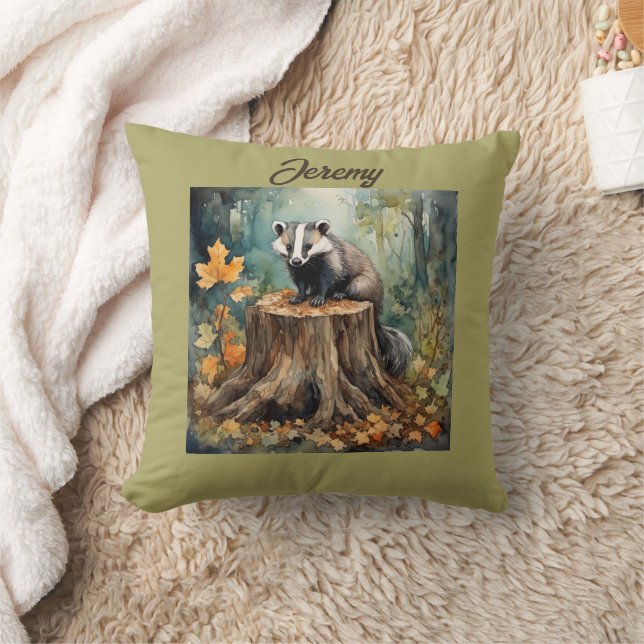 Coussin Badger personnalisé mignon dans un cadre boisé (Couverture)