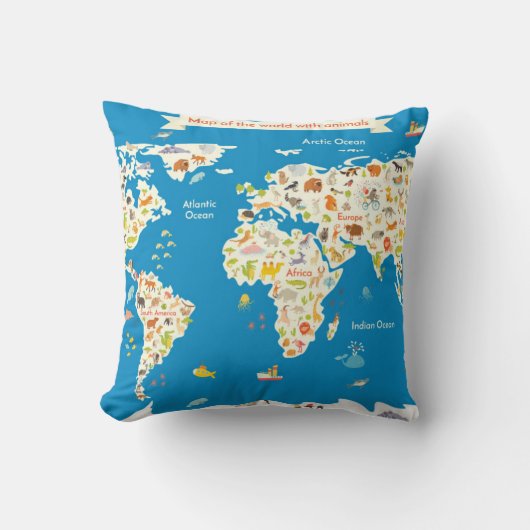 Coussin Badine la carte du monde avec des animaux (Recto)