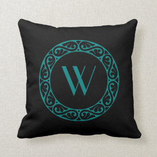 Coussin Bague à nœud celtique noir et turquoise monogrammé