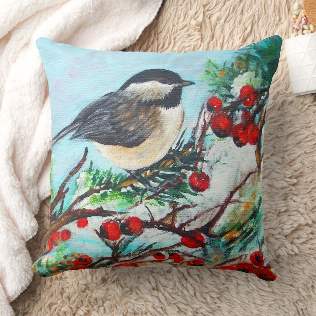 Coussin Baies d'oiseaux chiches Art d'hiver (Chickadee Bird Berries Winter Art Throw Pillow from Jenn's Emporium. )
