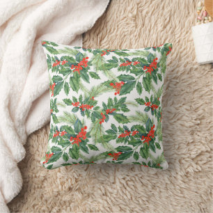 Coussin Baies Rouges Houx Vert Floral Noël Fêtes