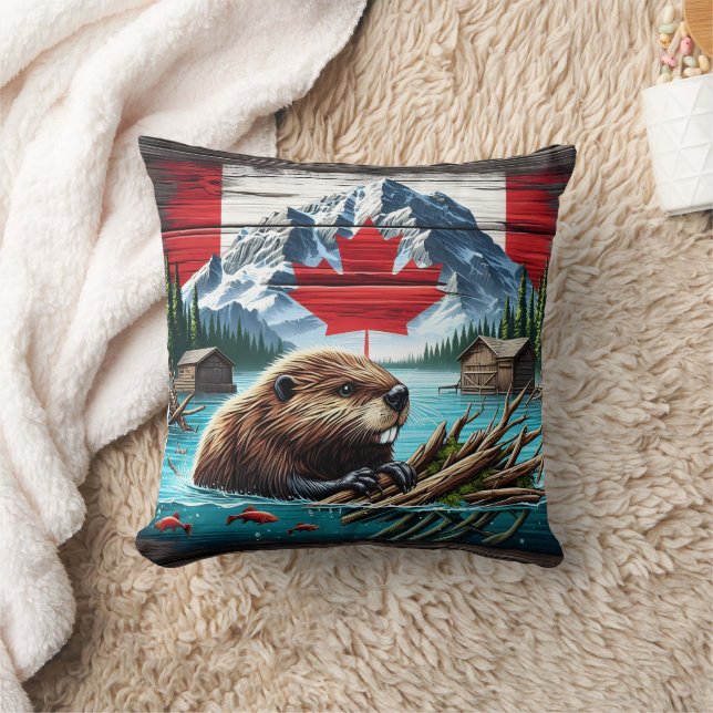 Coussin Baignade de castor canadien près de Cabines rustiq (Couverture)