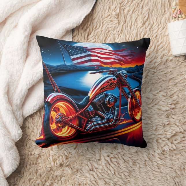 Coussin Balade en moto sous la lune avec drapeau américain (Couverture)