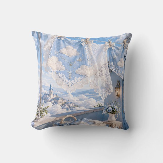 Coussin Balcon Ciel Lessive Dentelle Nuage Bleu (Recto)