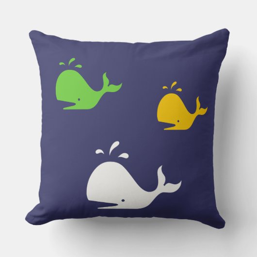 Coussin baleines bleu marine, jaune et verte sur blanc (Recto)