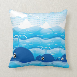 Coussin Baleines et vagues Bleu océanique