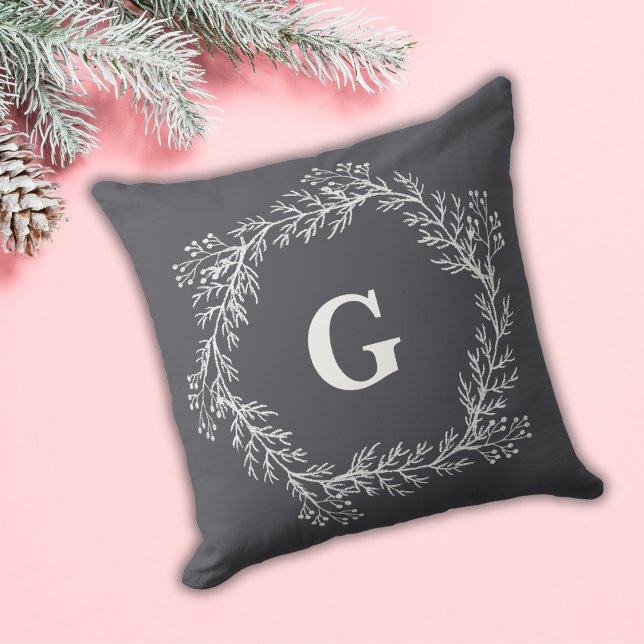 Coussin Balle blanche Hiver Couronne de Noël Monogramme Gr (Créateur téléchargé)