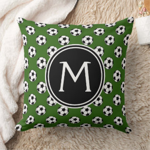 Coussin Ballons de soccer noir et blanc sur Monogramme ver