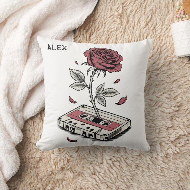 Coussin Bande Cassette Rétro Rose Nom Personnalisé  (Couverture)
