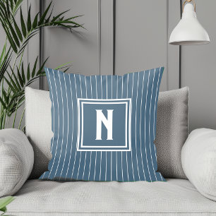 Coussin Bande de broche - Marine + Blanc - Monogramme