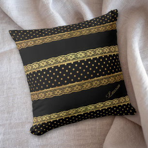 Coussin Bande de dentelle d'or Polkadot noir