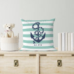 Coussin Bande de menthe marine et Ancre marine personnalis<br><div class="desc">L'oreiller à lancer nautique présente une illustration classique d'ancre et de corde bleu marine sur un arrière - plan à rayures vert menthe et blanc. Personnalisez avec un nom ou un texte de votre choix, ou supprimez simplement l'exemple de texte pour laisser vide. Parfait ajout aux pépinières à thème nautique...</div>