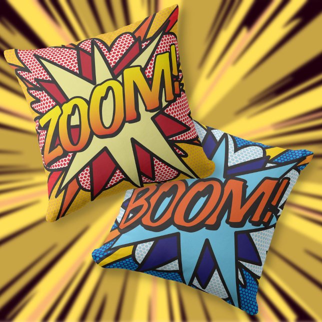 Coussin Bande dessinée moderne BOOM ZOOM Pop Art (Modern BOOM ZOOM Comic Book Pop Art Throw Pillow)