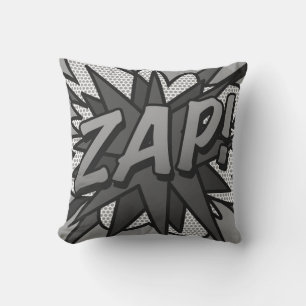 Coussin Bande dessinée rétro amusante ZAP POW noir et blan