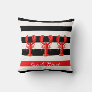 Coussin Bandes blanches noires homards rouges
