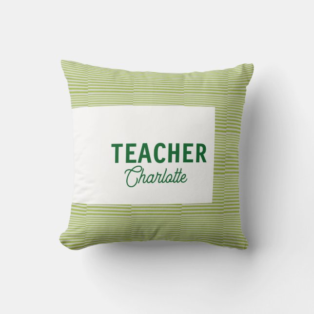 Coussin Bandes blanches vert citron professeur nom d'ensei (Recto)