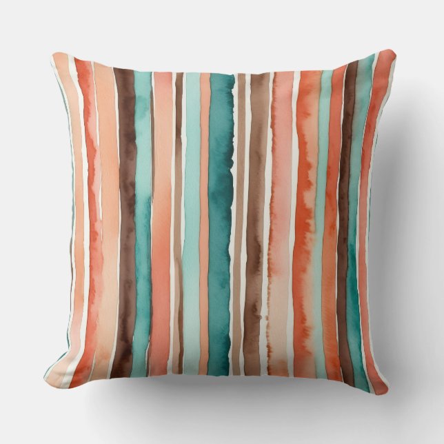 Coussin Bandes d'aquarelle turquoise, orange et marron (Recto)