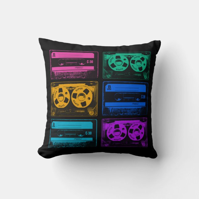 Coussin Bandes de cassettes colorées rétro (Recto)