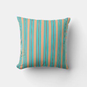 Coussin Bandes estivales - aqua, corail et brun