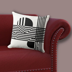Coussin Bandes et cercles noirs et blancs irréguliers