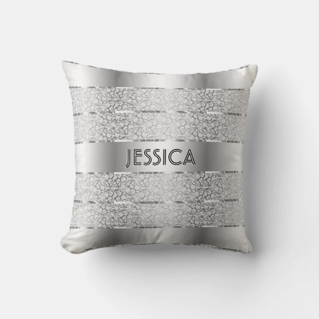 Coussin Bandes Florales Argent Et Blanc (Recto)