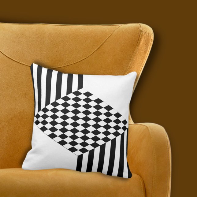 Coussin Bandes géométriques blanches et noires Chaussures  (Geometric White & Black Stripes Diamond Checkers Throw Pillow)