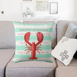 Coussin Bandes marines blanches de homard rouge turquoise