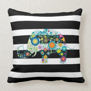 Coussin Bandes noires et blanches et éléphant floral