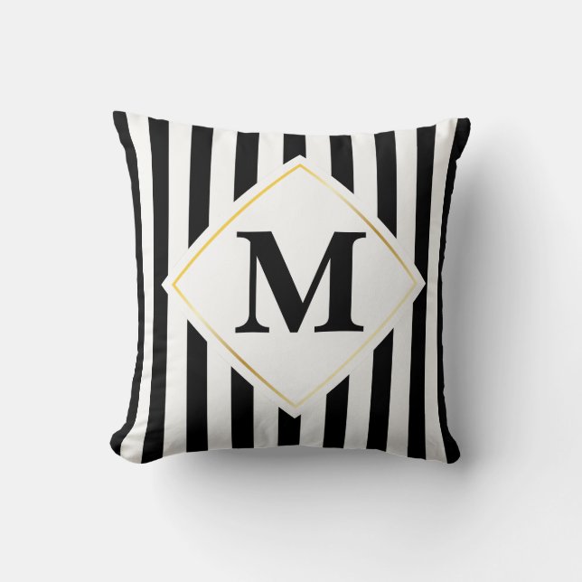 Coussin Bandes noires et blanches Monogramme or blanc (Recto)