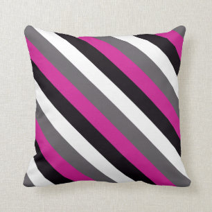 Coussin Bandes roses, noires, blanches et grises 