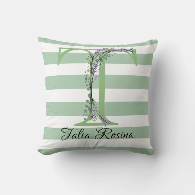 Coussin Bandes vertes douces monogramme verdure lavande (Recto)