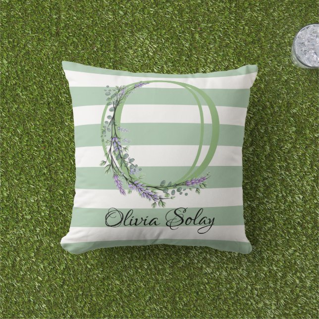 Coussin Bandes vertes doux monogramme lavande verdure (Herbe)