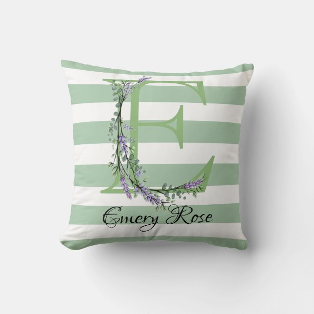 Coussin Bandes vertes doux monogramme lavande verdure (Recto)