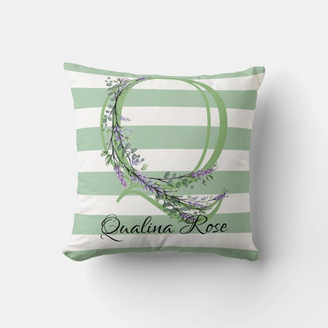 Coussin Bandes vertes doux monogramme lavande verdure (Recto)