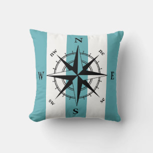 Coussin Bandes verticales turquoises rétro-compas nautique