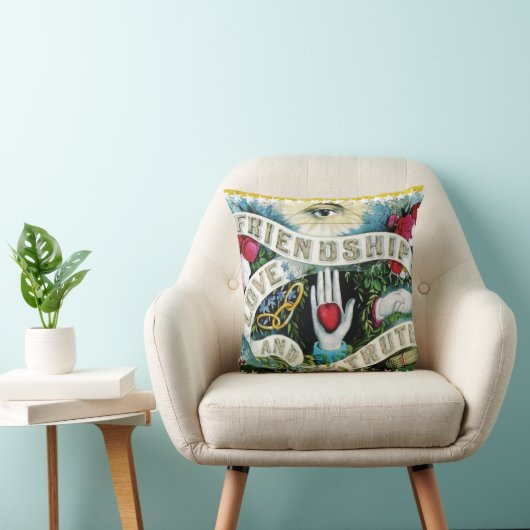 Coussin Bannière Amitié Amour Vérité avec coeurs et mains (Chaise)