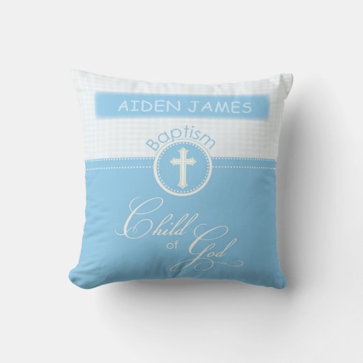 Coussin Baptême, Nom Personnalisé, Enfant Bleu de Dieu (Recto)