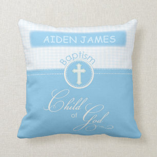 Coussin Baptême, Nom personnalisé, Enfant de Dieu Bleu