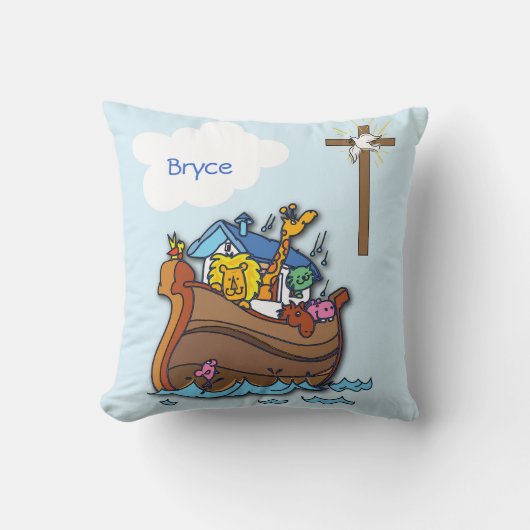 Coussin Baptême personnalisable de bébé Arche de Noé, garç (Recto)