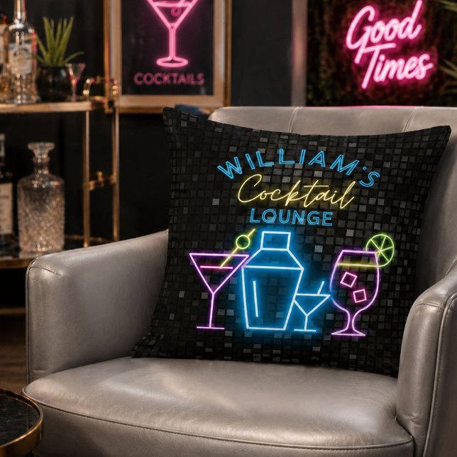 Coussin Bar à cocktails rétro néon  (Neon Look Retro Cocktail Lounge Bar Throw Pillow)