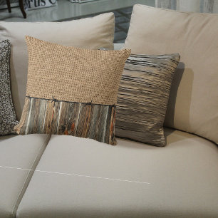 Coussin Barbelé en bois de grange de toile de jute de