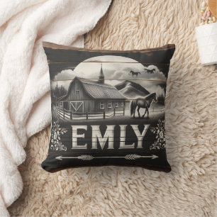 Coussin Barne rustique et cheval au coucher du soleil dans