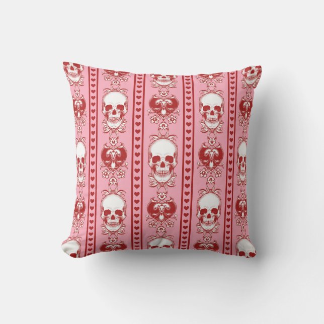 Coussin Baroque Crâne Motif rose rouge (Recto)
